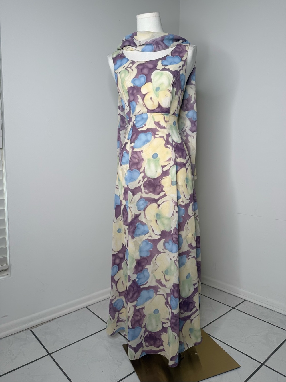 CDC Floral Cowl-Neck Maxi Dress in Lavender, Yellow and Blue
